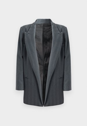 Blazer in dark gray with a herringbone pattern, featuring a notched collar, open front, and long sleeves. Smooth interior lining.