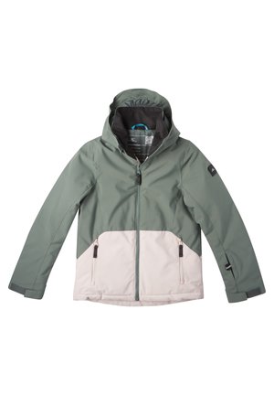 Groene en beige capuchonjas met ritssluiting aan de voorkant en twee ritssluitingszakken, plat neergelegd op een witte achtergrond.