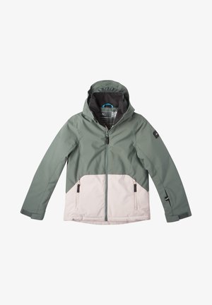 Grün-beige Kapuzenjacke mit Frontreißverschluss und zwei Reißverschlusstaschen, flach auf einem weißen Hintergrund liegend.