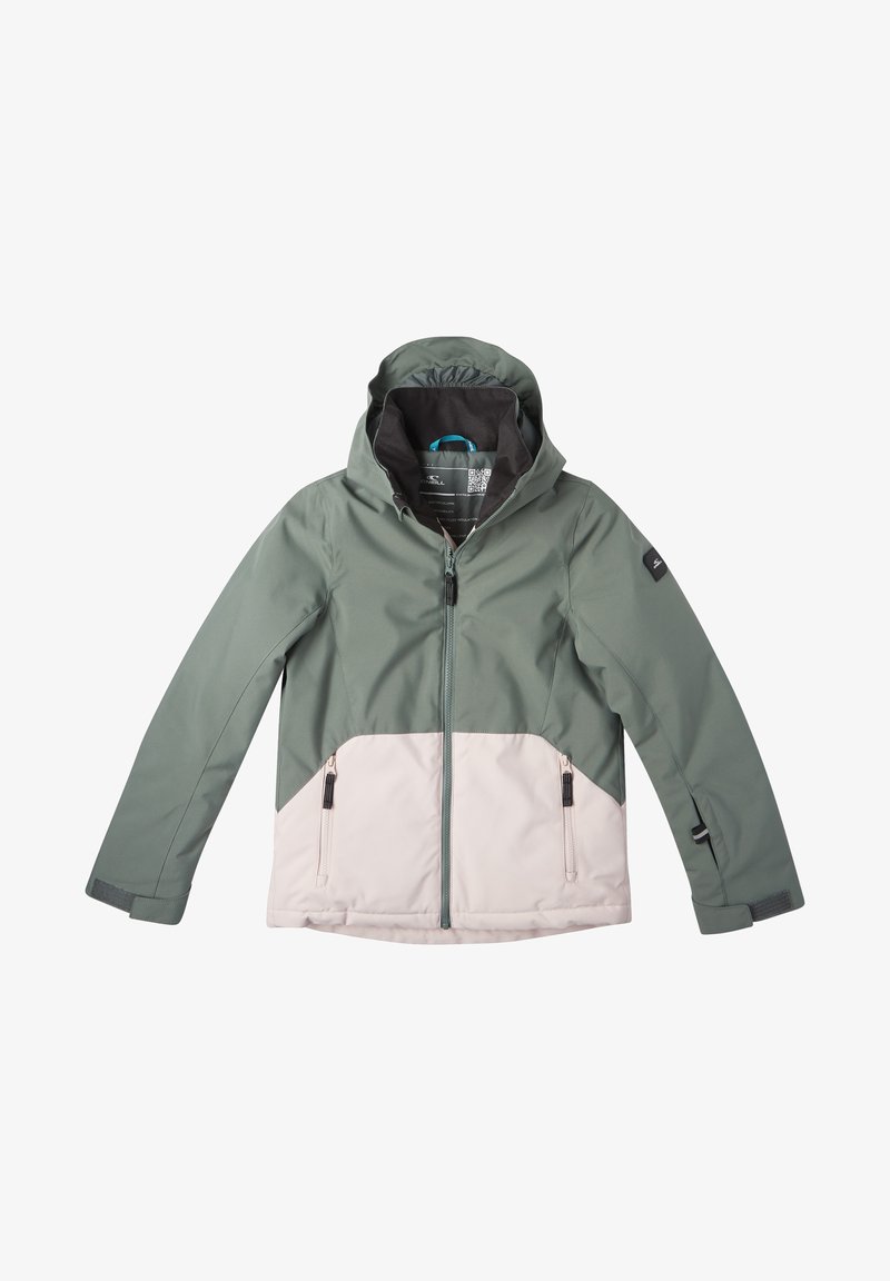 Veste à capuche verte et beige avec fermeture éclair à l'avant et deux poches zippées, posée à plat sur un fond blanc.