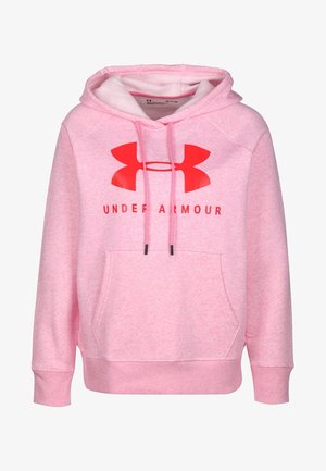 Felpa rosa realizzata in morbido tessuto con tasca a marsupio anteriore, caratterizzata da un grande logo rosso di Under Armour e cordini nel cappuccio.