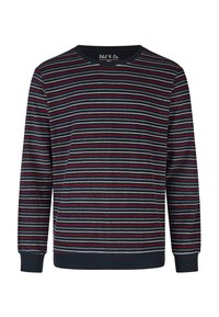 Chemise à manches longues en bleu marine, avec des rayures horizontales rouges, grises et blanches. Col rond avec poignets et ourlet côtelés. Tissu à texture douce.