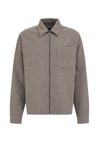 Grijze fleece jas met een rits aan de voorzijde, puntige kraag en een borstzak aan de linkerzijde. Heeft lange mouwen met ribgebreide manchetten. Eenvoudig, minimalistisch ontwerp.
