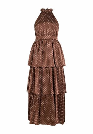 Barna, pántos, réteges maxi ruha fehér pöttyökkel és testhezálló derékpánttal, fényes, könnyed anyagból.
