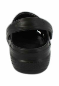 Black slide sandal with a smooth, glossy finish, open back, and textured sole featuring small bumps for grip.