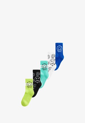 Fünf bunte Socken in Grün, Schwarz, Türkis, Weiß und Blau, jeweils mit tropfenden Smiley-Gesichtern mit verschiedenen Ausdrücken.