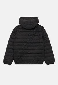 Black quilted hooded jacket with long sleeves and elastic cuffs, shown from the back on a plain white background.