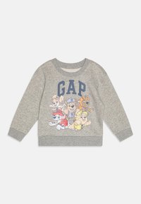 Szürke bolyhos pulóver, kerek nyakkivágással, hosszú ujjakkal, színes mesefilm nyomattal kutyákról és "GAP" felirattal sötétkék színben.