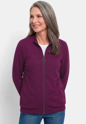 Vrouw met lang grijs haar die een paarse jas met rits draagt over een wit shirt en blauwe spijkerbroek, glimlacht en kijkt naar links.