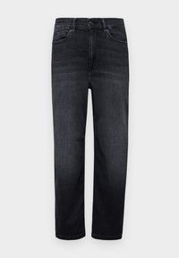 Jeans in denim scuro con vestibilità regolare, gambe dritte, tasche frontali, una piccola tasca per le monete e zip con bottone. Tessuto liscio e minima scoloritura.