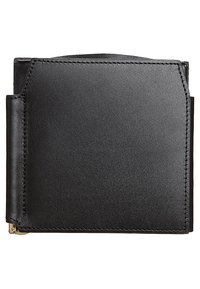 Black leather bifold wallet with stitched edges and metal money clip on the side, closed and viewed from the front.