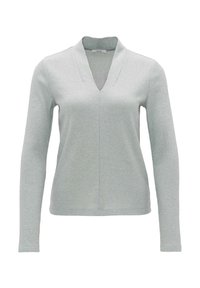 Ljusgrå ribbade långärmade topp med V-hals och avslappnad passform. Slät textur och minimala sömnadsdetaljer vid ärmslut och nederkant.