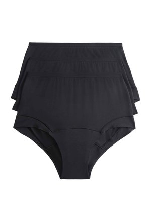 Drei schwarze Hochtaillen-Slips gestapelt, aus glattem Stoff mit elastischem Bund und komplett bedeckendem Design.