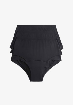 Tre slip neri a vita alta impilati, realizzati in tessuto liscio con elastici in vita e design a copertura completa.
