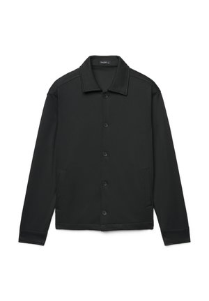 Giacca nera con bottoni in un tessuto liscio. Presenta un colletto a punta, due tasche laterali e polsini a costine. Design semplice senza motivi.