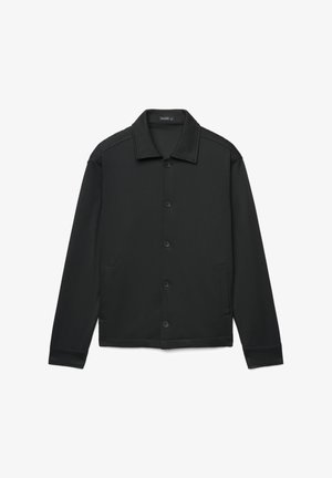 Giacca nera con bottoni in un tessuto liscio. Presenta un colletto a punta, due tasche laterali e polsini a costine. Design semplice senza motivi.