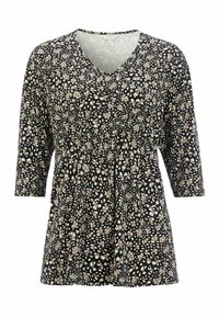 Zwart patroon top met een V-hals, driekwart mouwen en een geraffineerde taille, versierd met een mix van witte en beige stippen.