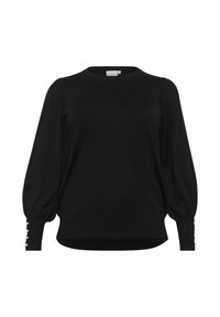 Black knitted sweater with a crew neckline, puffed sleeves, and button accents on the cuffs. Soft texture and a relaxed fit.