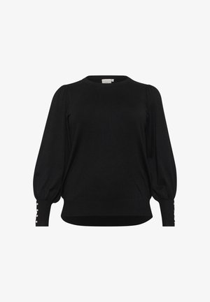 Suéter negro de punto con cuello redondo, mangas abullonadas y detalles de botones en los puños. Textura suave y un ajuste holgado.