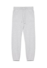 Pantalones de chándal gris claro hechos de una tela suave. Presentan una cinturilla elástica con cordón y tobillos acampanados. Dos bolsillos laterales.