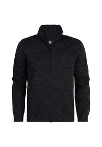 Sudadera negra con cremallera, con un collar acanalado texturizado y acentos en los hombros, que presenta un cuerpo de punto suave y mangas ajustadas.