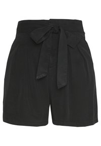 Černé šortky z měkké tkaniny, s mašlí v pase, s plisováním vepředu a štíhlým střihem.