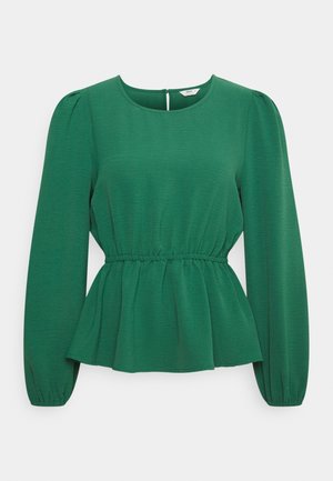 Grüne Peplum-Bluse mit langen puffärmel, rundem Halsausschnitt und gerafftem Taillengürtel. Textilstruktur mit einem Rückenschlupfverschluss.