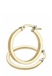 Zlaté kruhové náušnice s lešteným povrchom. Jednoduchý kruhový dizajn, vybavený bezpečným zatváraním a hladkou textúrou. Priemer približne 7,5 cm.