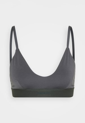 Bralette cinza feito de material suave, apresentando um decote em V profundo e alças finas ajustáveis. Inclui uma faixa elástica de marca na cor verde escuro.