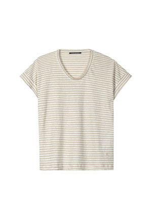 Beige and white horizontal striped short-sleeve t-shirt with a round neckline and small logo near the bottom hem.
