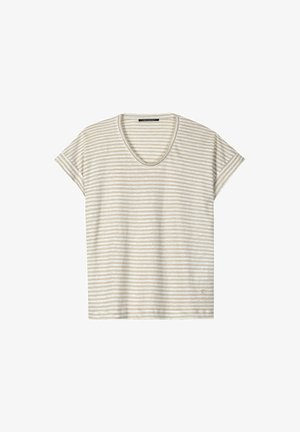Beige and white horizontal striped short-sleeve t-shirt with a round neckline and small logo near the bottom hem.