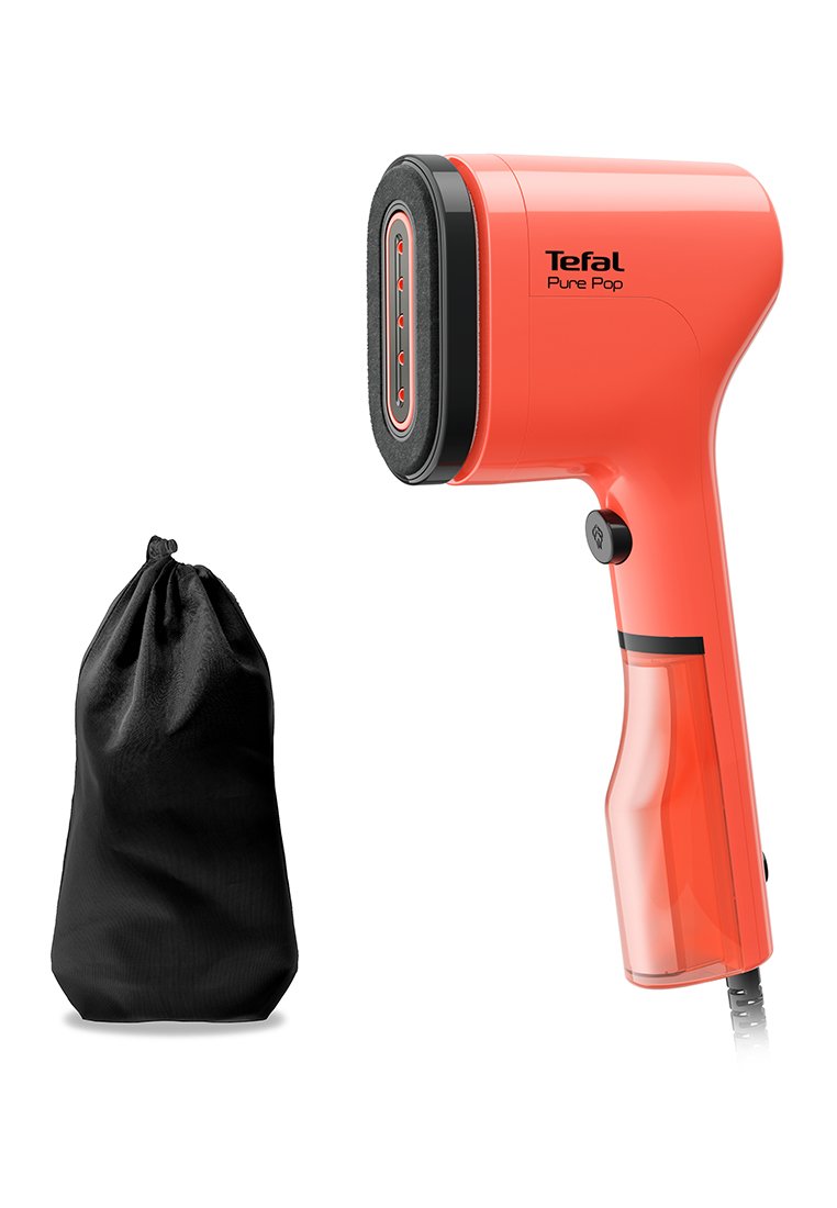 Tefal Pure Pop handgestoomde kledingstomer in een levendige koraalkleur met een zwarte spuitmond en knop. Inclusief een zwarte opbergzak met trekkoord.