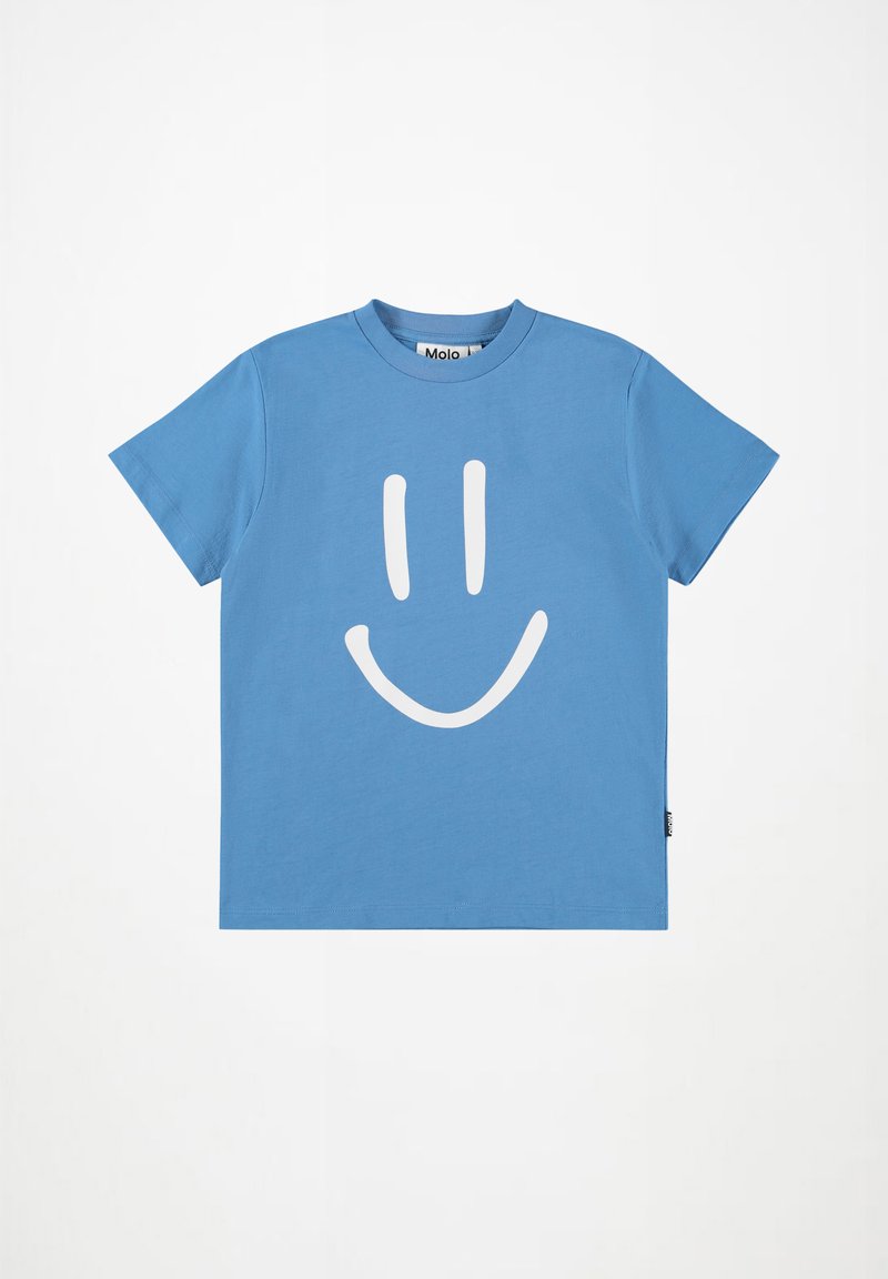 Modra bombažna majica s kratkimi rokavi z velikim belim nasmejanim obrazom na sprednji strani. Okrogla izreza na vratu. Oznaka blagovne znamke Molo vidna.