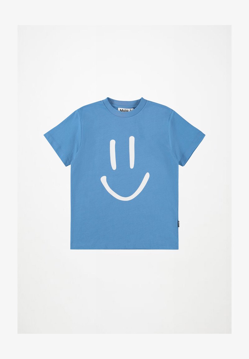 Modra bombažna majica s kratkimi rokavi z velikim belim nasmejanim obrazom na sprednji strani. Okrogla izreza na vratu. Oznaka blagovne znamke Molo vidna.