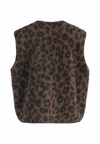 Prsluk bez rukava s leopard uzorkom izrađen od teksturirane smeđe i crne tkanine. Ima zaobljen izrez i opušteni kroj.