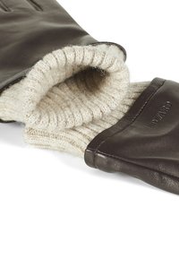 Guanti in pelle marrone con un interno in lana lavorata a maglia crema, con polsini a coste e marchio embossato sulla pelle.