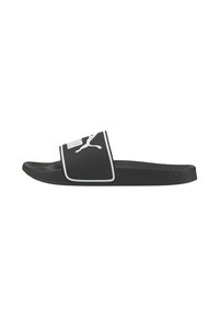 Black Puma slide sandal with white logo on the strap and contoured footbed, shown from the side on a white background.