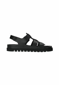 Zwarte sandalen met een chunky platform, verstelbare banden en een open ontwerp met uitsnijdingen voor ventilatie. Rubberen zool met een stevige grip.