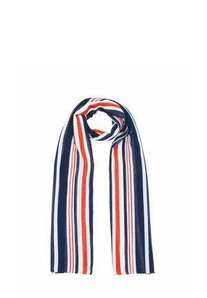 Striped scarf in blue, red, and white. Lightweight fabric with long, narrow shape and alternating vertical stripes in varying widths.