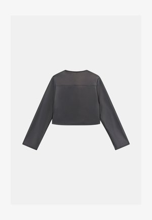Black cropped jacket made of smooth faux leather, featuring long sleeves, a round neckline, and minimal stitching details on the back.