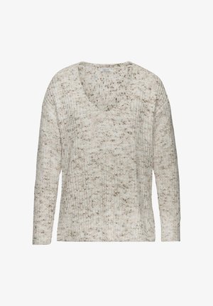 Hellbeige gestrickter Pullover mit V-Ausschnitt, strukturiertem Rippenmuster und langen Ärmeln; durch dunklere Sprenkel aufgepeppt für visuelles Interesse.