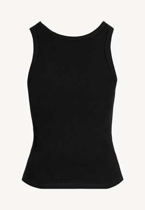 Zwart geribbeld mouwloos tanktopje met brede schouderbanden en een ronde halslijn, gezien vanaf de achterkant tegen een effen achtergrond.