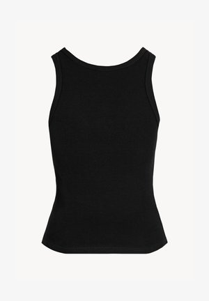 Zwart geribbeld mouwloos tanktopje met brede schouderbanden en een ronde halslijn, gezien vanaf de achterkant tegen een effen achtergrond.