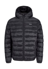 Polstret sort jakke med lynlås foran og hætte. Har vandrette syninger, elastiske manchetter og sidelommer. Fremstillet af et skinnende, glat materiale.