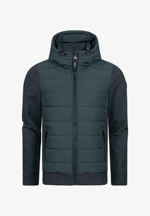 Padded jacket with a hood, featuring dark teal front, textured grey sleeves, and zippers on pockets, offering a blend of materials and design.