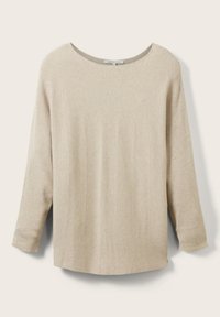 Beige gestreifter Pullover mit weitem runden Ausschnitt, Dreiviertelärmeln und lässiger Passform. Weiche Textur und einfaches Design, keine sichtbaren Beschläge.