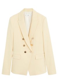 Blazer doppiopetto in tessuto beige chiaro, con bottoni dorati, rever a soffietto e due tasche frontali. Design liscio e strutturato.