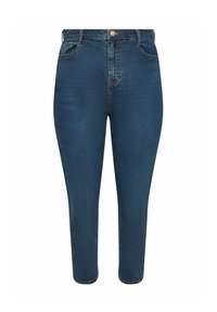 Siniset korkeavyötäröiset farkut denimmateriaalista, joissa on viisi taskua, napitus ja kapeneva lahjetyyli.