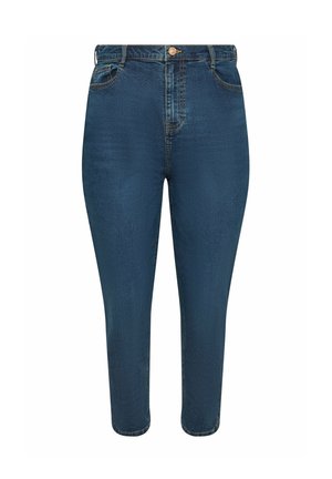 Jean bleu taille haute en matériau denim, avec cinq poches, une fermeture à boutons et une coupe fuselée.