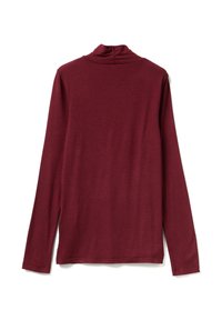 Burgunderfarbener Langarm-Top mit Stehkragen und Seitenschlitzen. Hergestellt aus weichem Stoff mit glatter Textur und einfacher Silhouette.